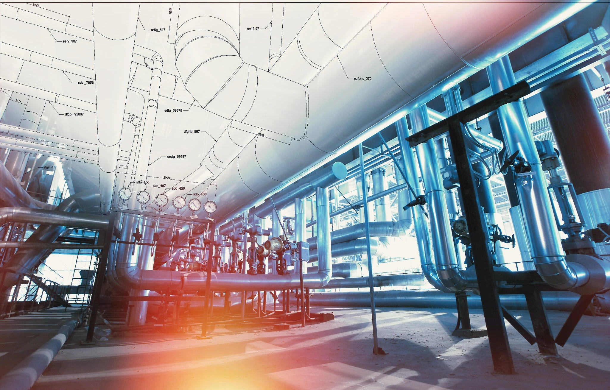 Industrial pipework alongside engineering design drawings